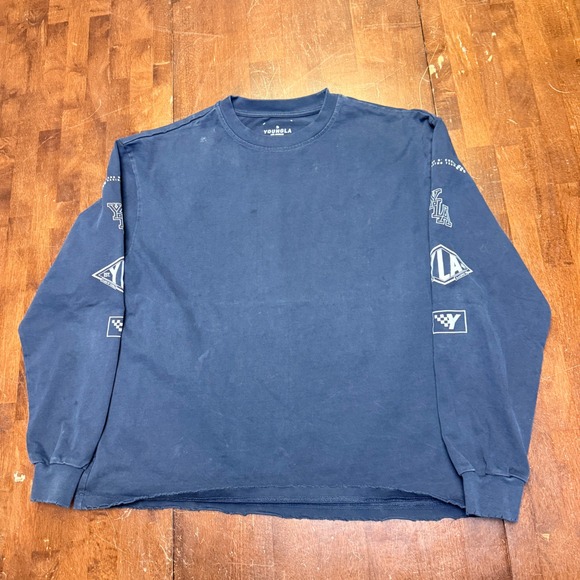 YoungLA Cars N Curls Racing Long Sleeve Shirt Navy Blue Raw Hem Mens Medium 8037 - Picture 2 of 8